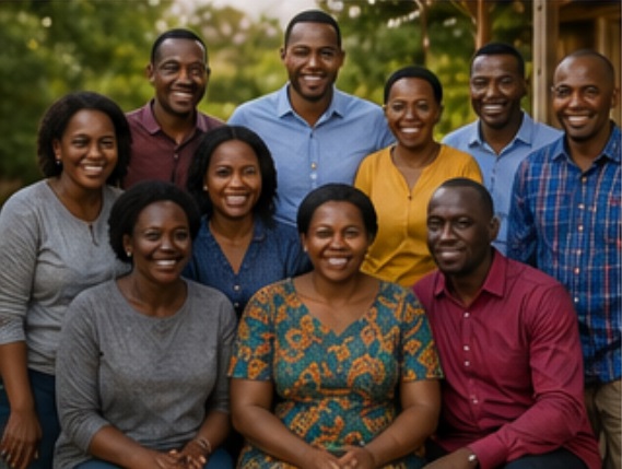 A happy African family seated in group photo with community.friends